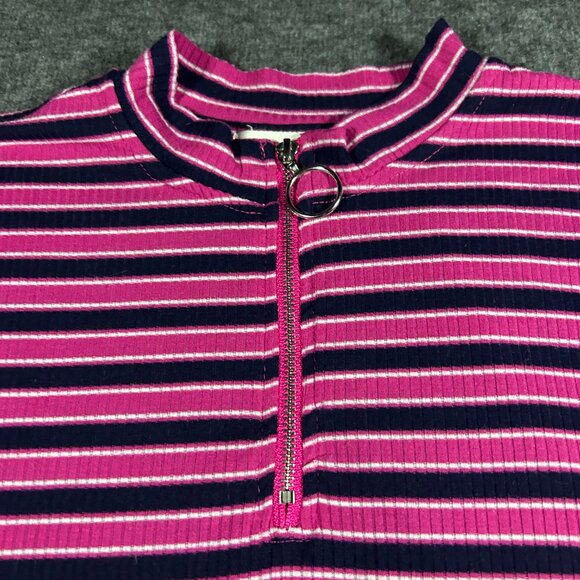 Vtg 90s Y2k Eye Candy Pink Black Stripe Rib Knit Mock Neck Top Ring Pull Size 1X - Picture 9 of 9